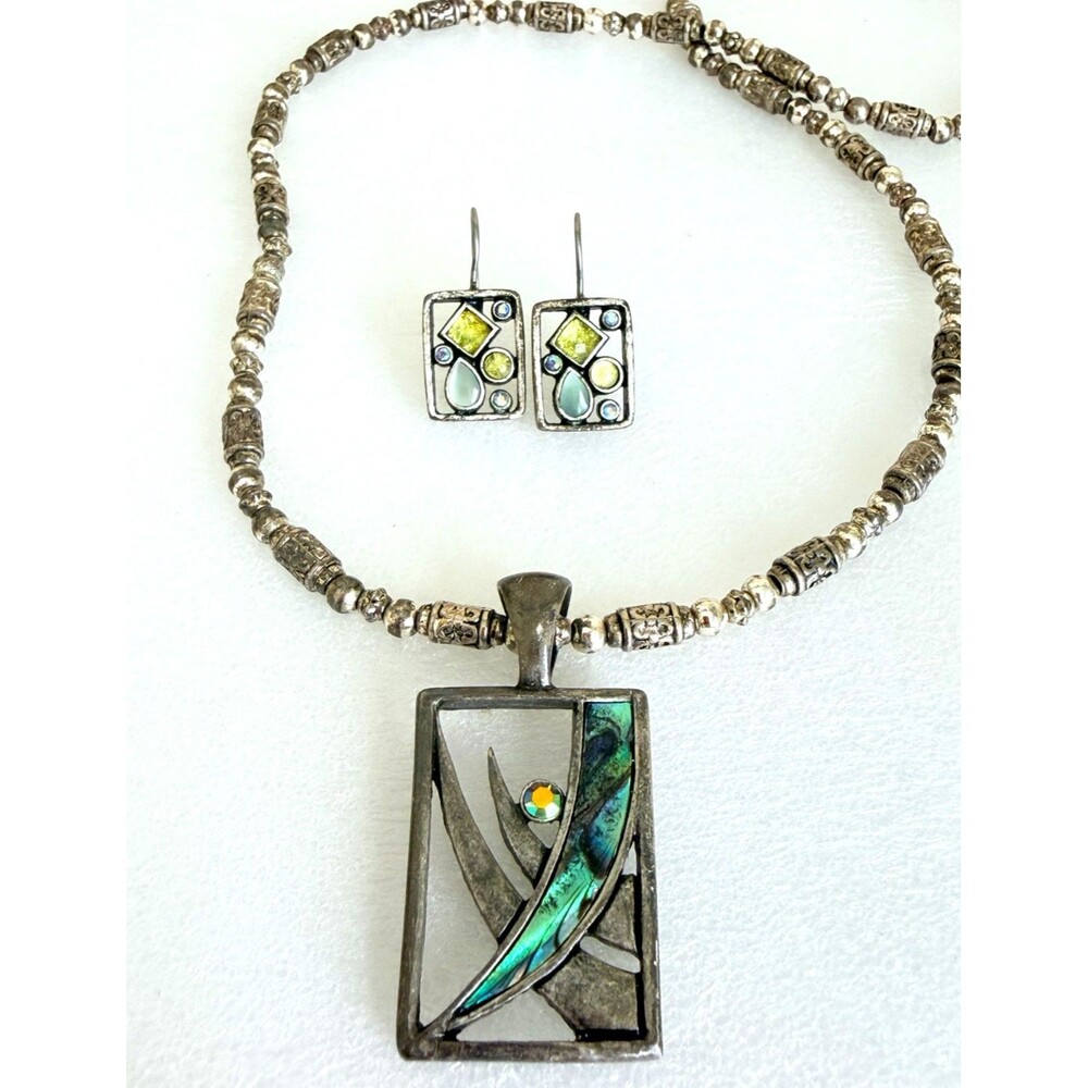 Vintage 1970s Napier Silver Tone Abalone Shell Pendant Beaded Necklace Earrings